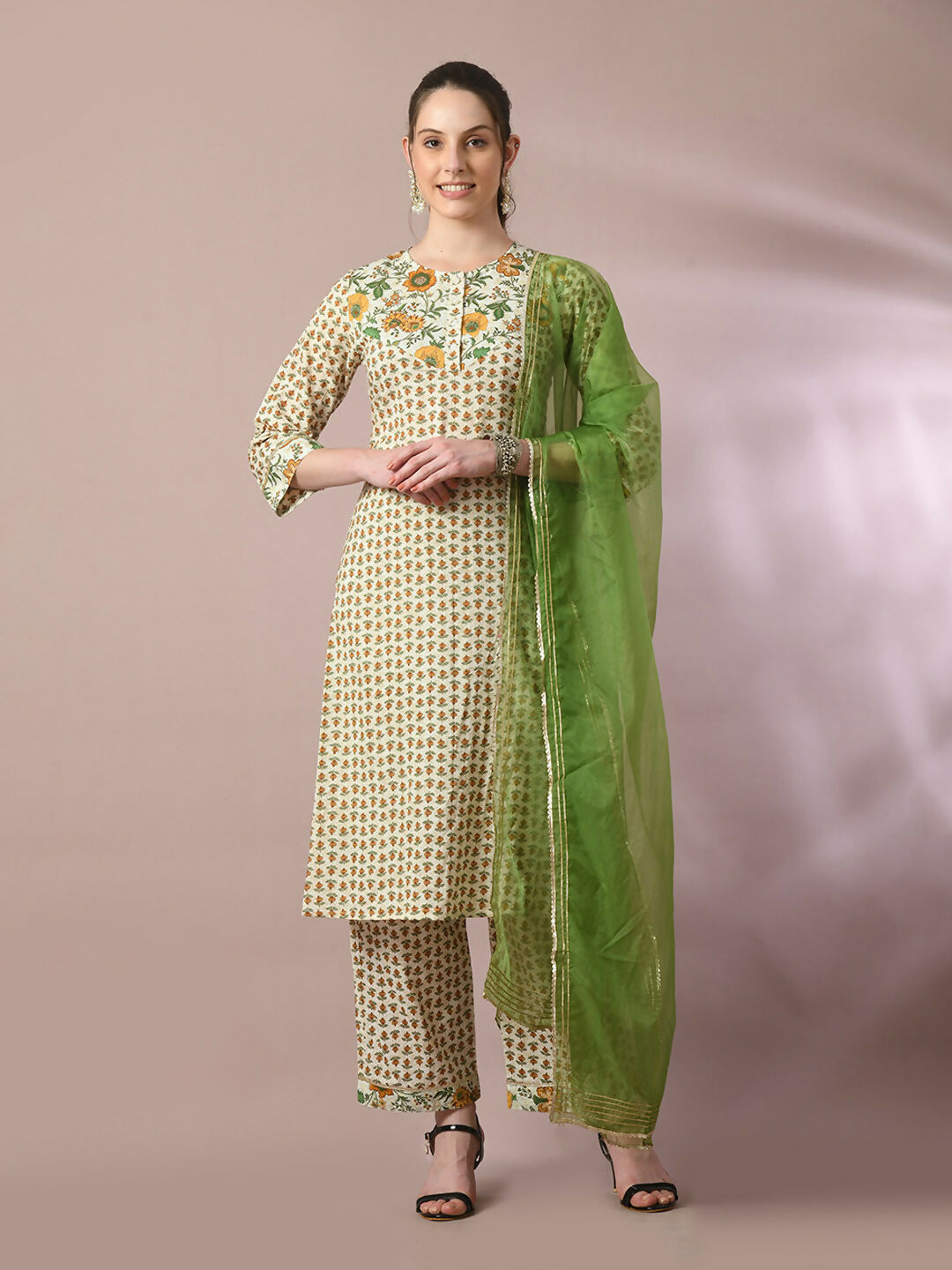 Myshka Women's Multi Printed Cotton Straight Party Kurta Set With Dupatta