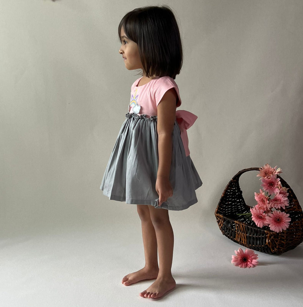 ArthLife Peach And Grey Unicorn Embroidered Dress