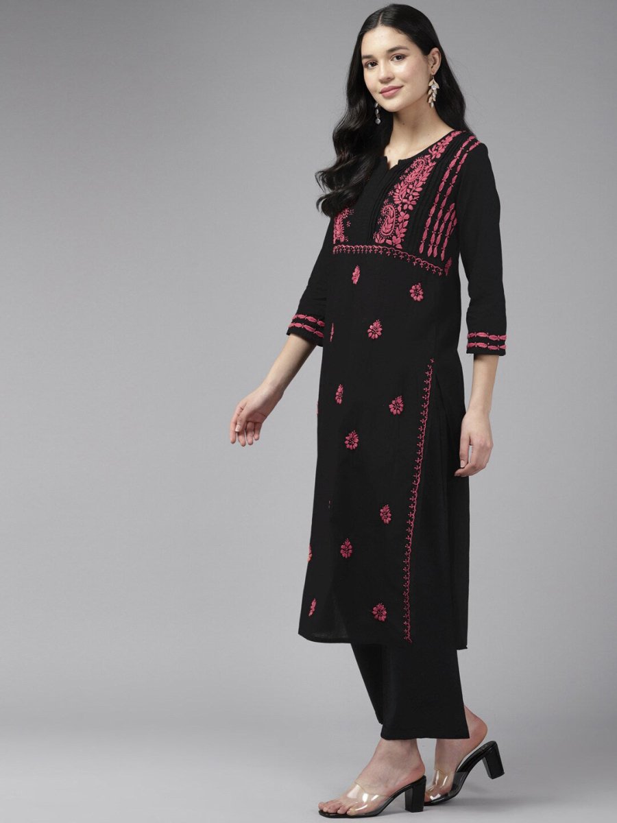 ADA Ethnic Motifs Embroidered Round Neck Chikankari Cotton Kurta