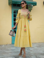 Juniper Women's Yellow Cotton Dobby Embroidered Flared Dress - Distacart