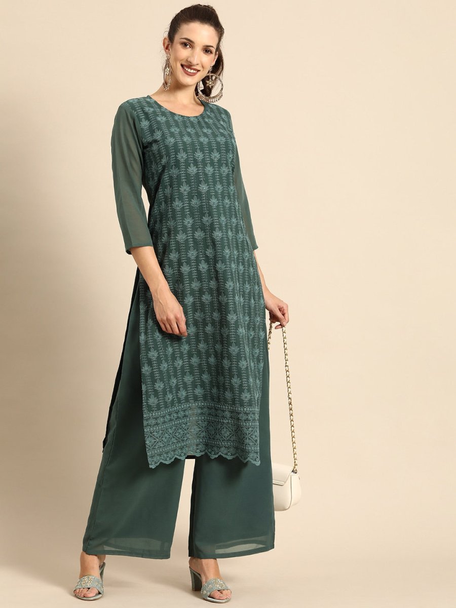 All About You Women Green Ethnic Motifs Embroidered Regular Chikankari Kurta with Palazzos
