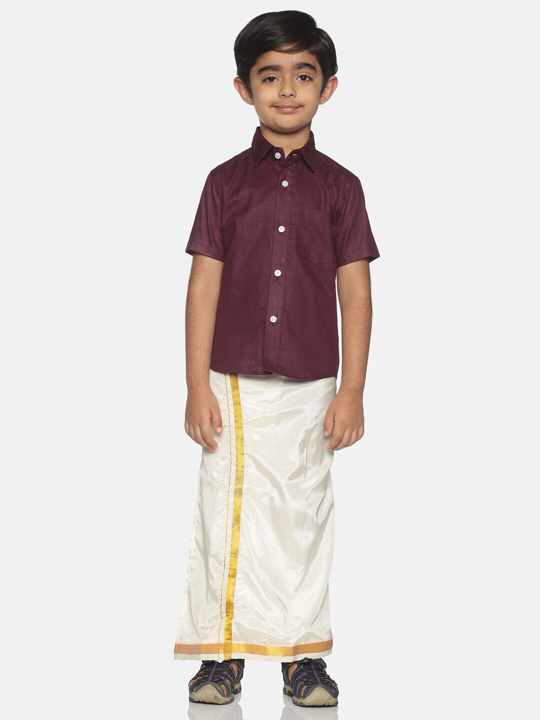 Sethukrishna Boys Maroon & White Solid Shirt with Veshti Set