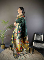 Joban Fashion Green Zari Woven Floral Motifs Soft Silk Paithani Silk Saree - Distacart