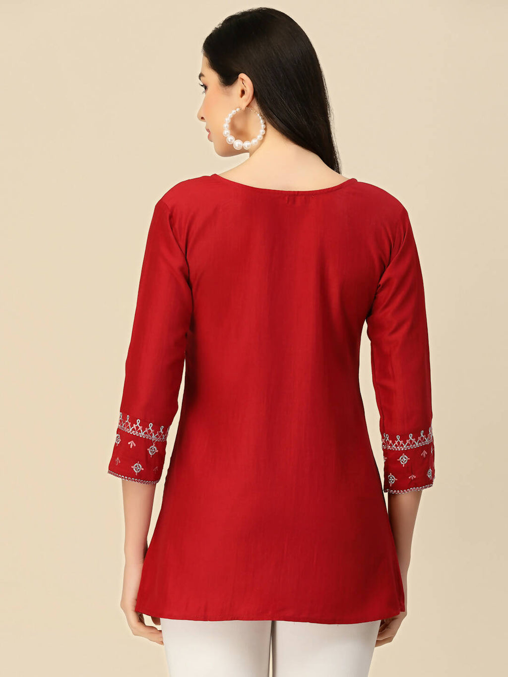 Red Chinon Floral Embroidered Top - Zeny