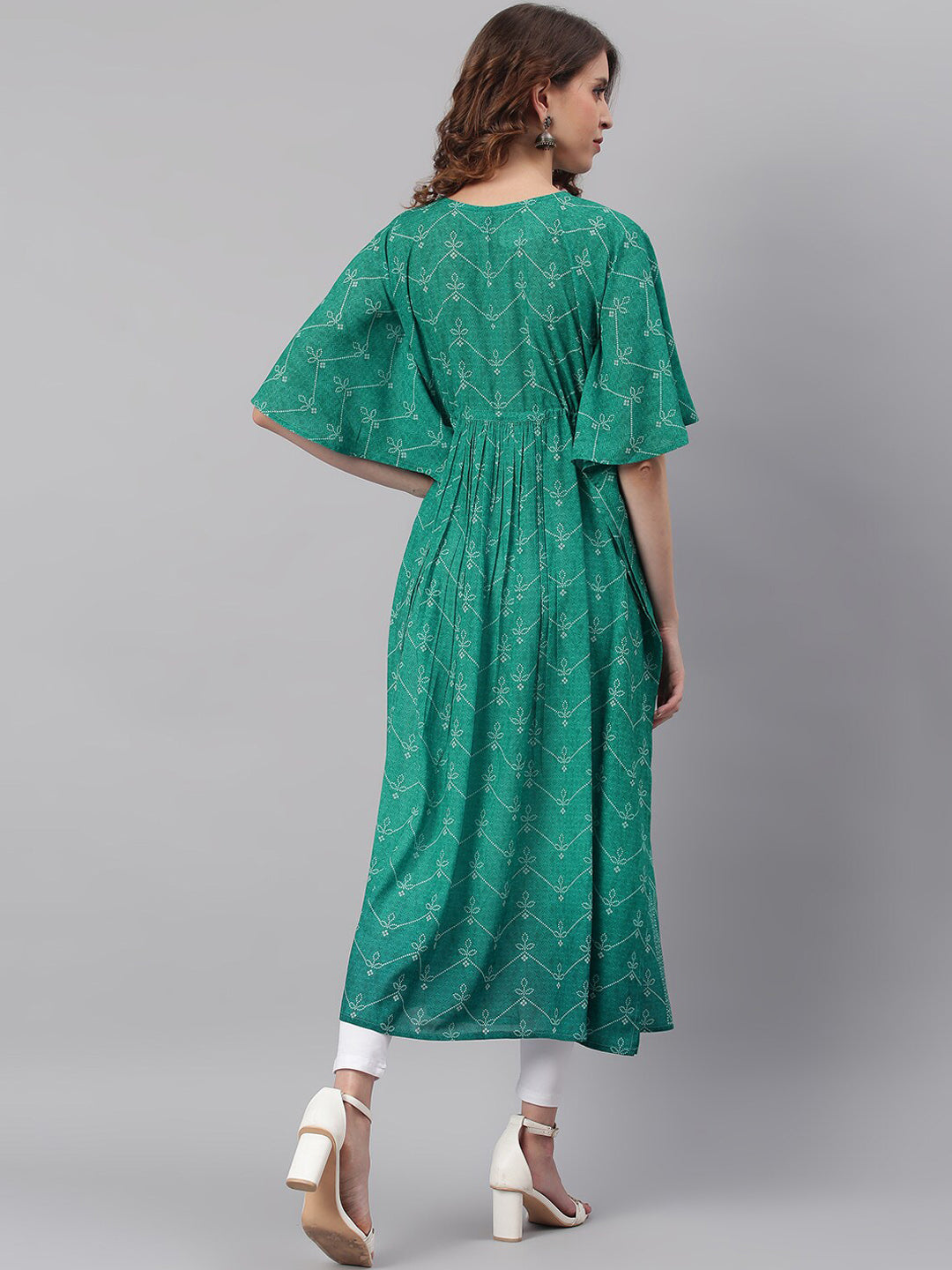 Janasya Green Ethnic Motifs Printed Keyhole Neck Flared Sleeves Georgette Kaftan Kurta - Distacart