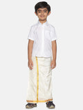Sethukrishna Boys White & Gold-Toned Pure Cotton Shirt with Dhoti Set