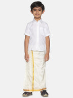 Sethukrishna Boys White & Gold-Toned Pure Cotton Shirt with Dhoti Set
