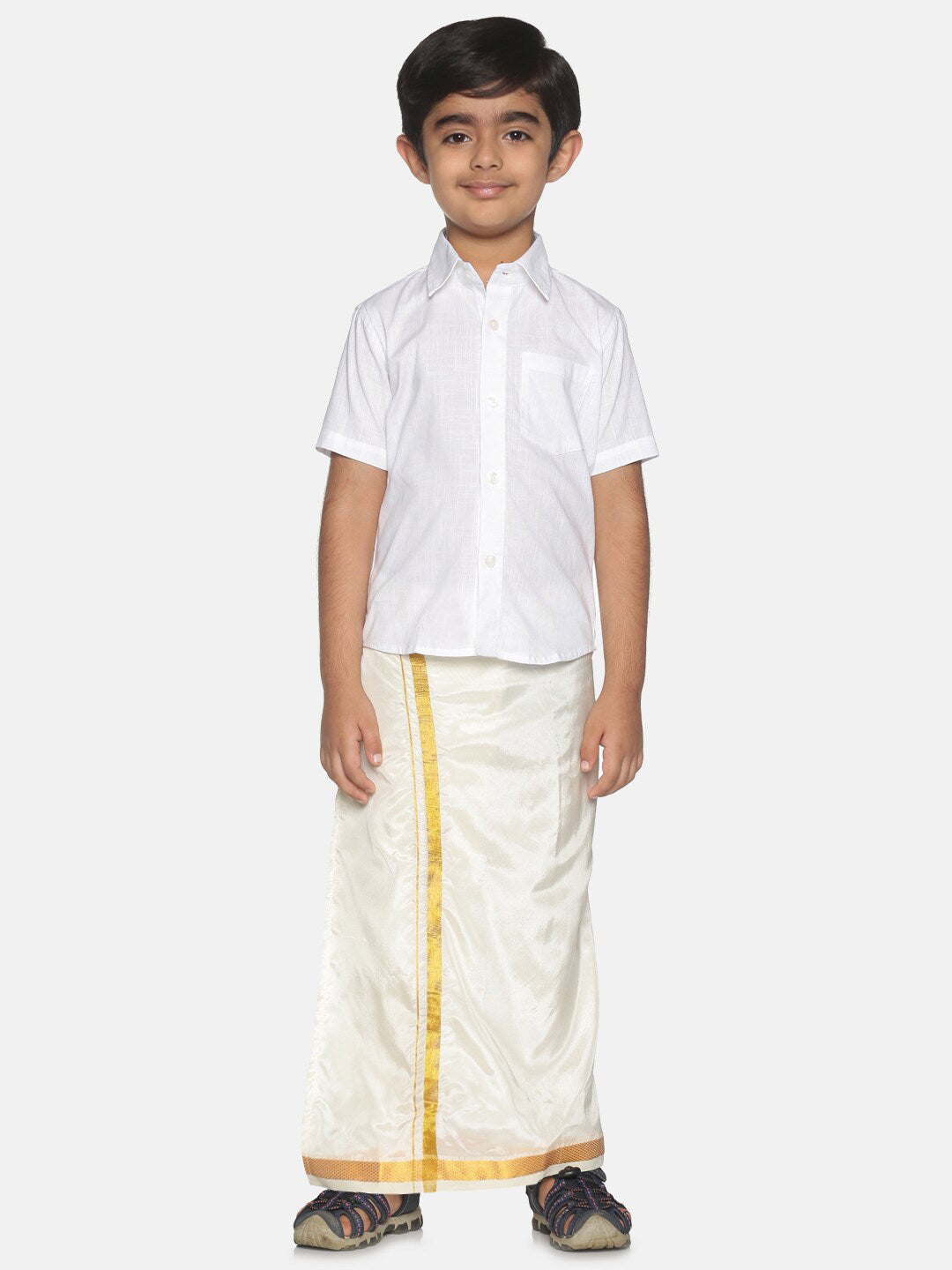 Sethukrishna Boys White & Gold-Toned Pure Cotton Shirt with Dhoti Set