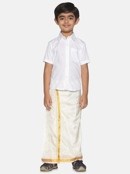 Sethukrishna Boys White & Gold-Toned Pure Cotton Shirt with Dhoti Set