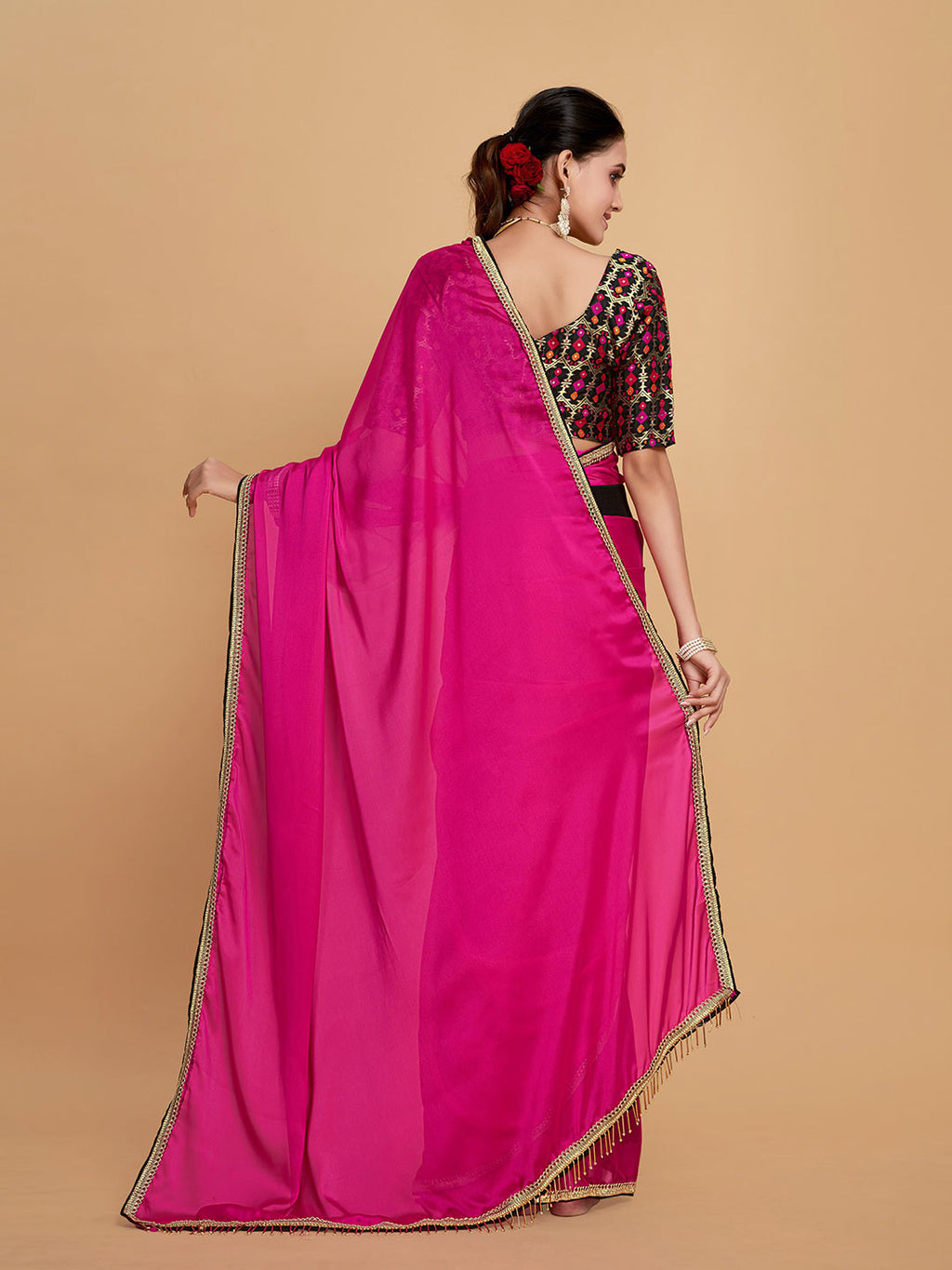 Sangria Pink & Beige Embellished Border Zari Silk Blend Saree - Distacart