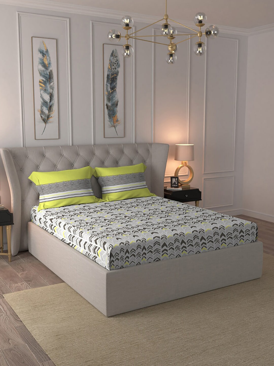 MYTRIDENT Grey Green Geometric Cotton 144 TC Queen Bedsheet With 2 Pillow Covers