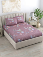 DREAM WEAVERZ 220 TC Pink & Blue Floral Glazed Cotton King Bedsheet with 2 Pillow Covers