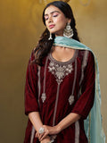 Sangria Floral Embroidered Round Neck Straight Velvet Kurta With Trousers & Dupatta