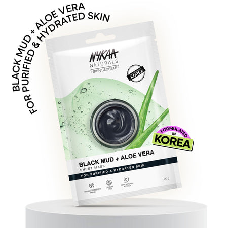 Nykaa Green Tea + Aloe Vera Sheet Mask For Hydrated Skin - Formulated in Korea - For All Skin Types - Black Mud + Aloe Vera
