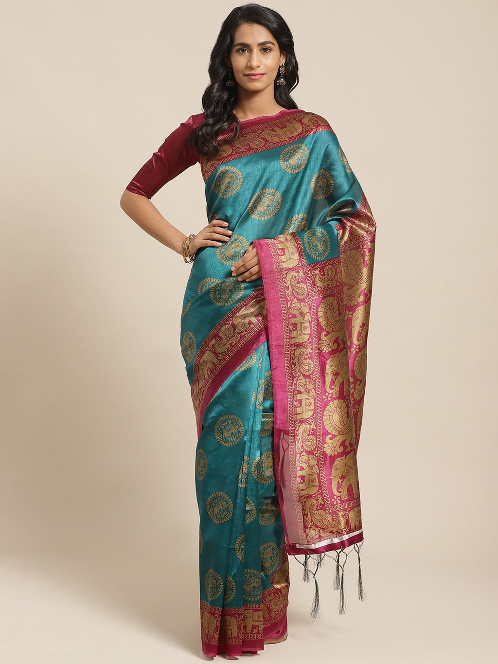 Saree Mall Teal Green & Beige Printed Bhagalpuri Saree - Distacart