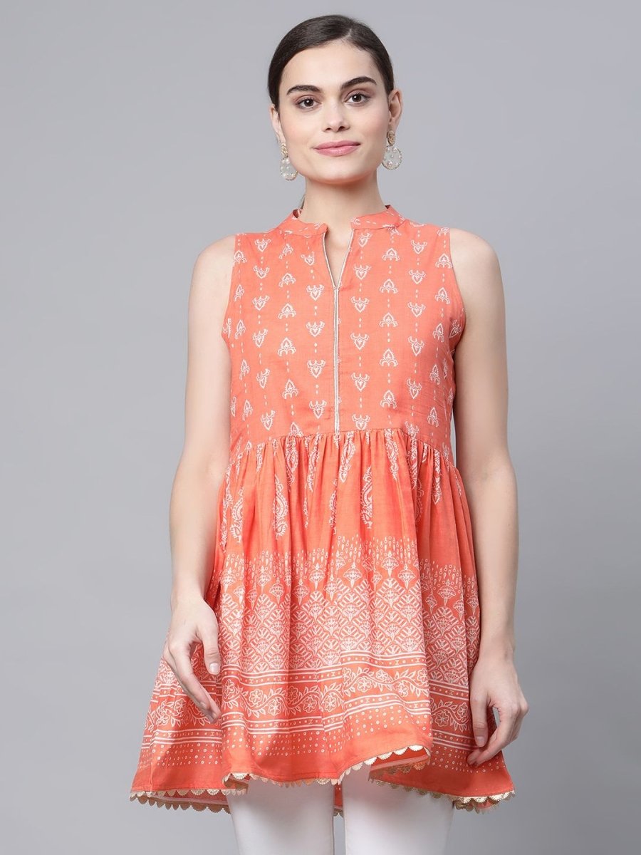 Ahalyaa Women Orange Pure Cotton Porcian Print Tunic - Distacart