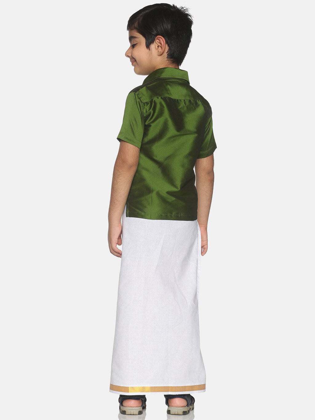 Sethukrishna Olive Green & White Solid Shirt and Veshti For Boys