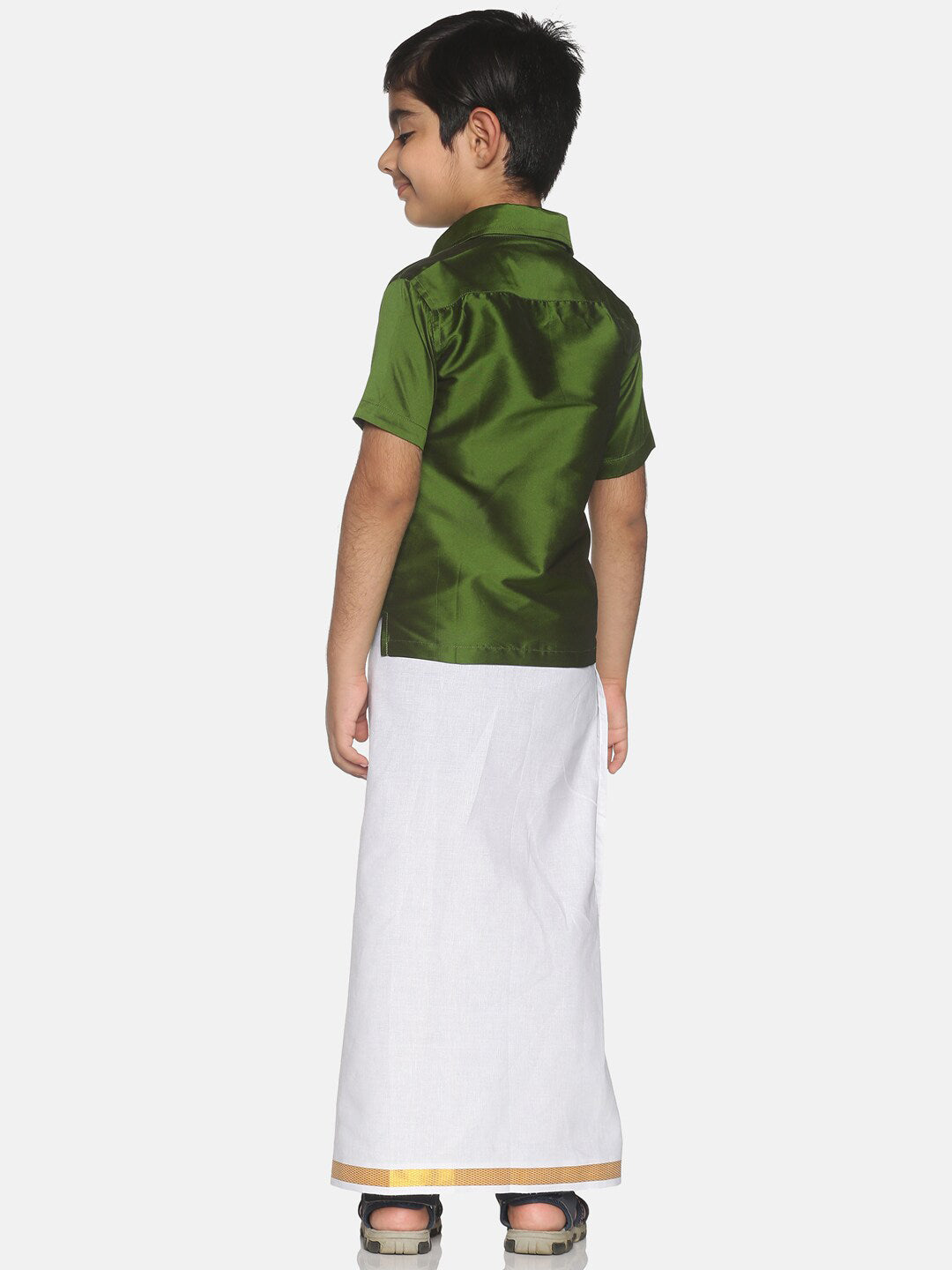 Sethukrishna Olive Green & White Solid Shirt and Veshti For Boys