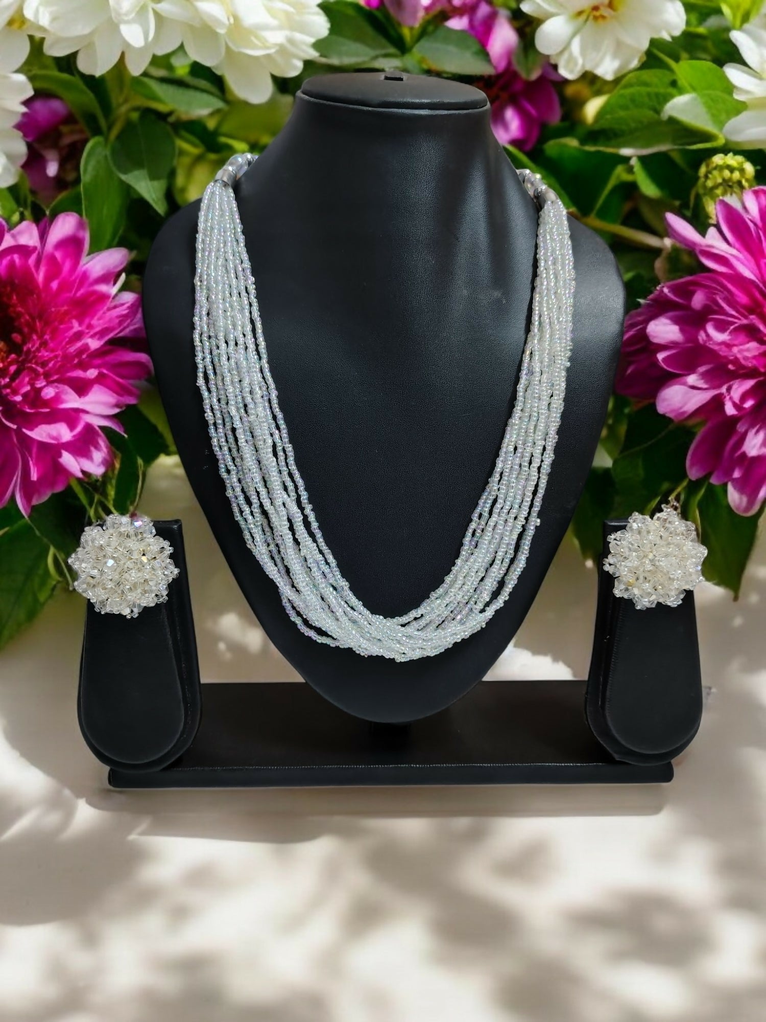 Inhanns Bloom Handmade Beaded Necklace With Earrings - 12 Layers - Ivory