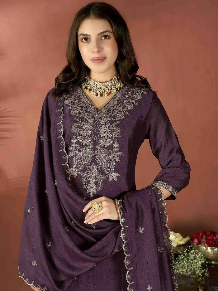 The52 Wine Women's Gorgeous Vichitra Fabric Embroidered Work Straight Kurta Pant and Dupatta Set - Distacart