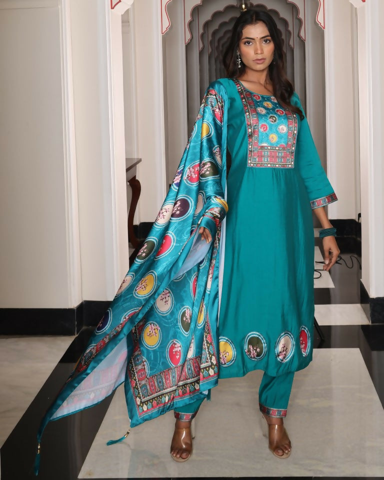 Jyoti Fashion Women's Teal Viscos Simmer Hand Work with Floral Printed Kurta Set