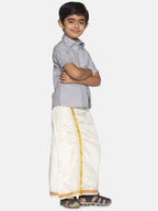 Sethukrishna Boys Grey & White Pure Cotton Shirt With Veshti Set