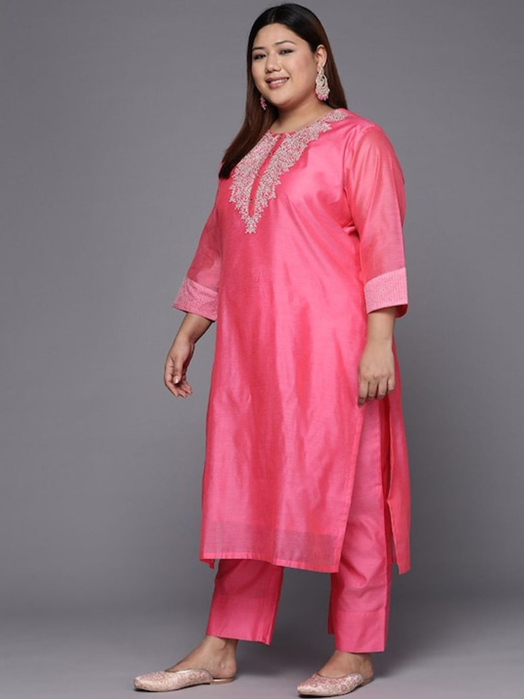 Sztori Plus Size Ethnic Yoke Design Regular Chanderi Silk Kurta & Trousers With Dupatta - Distacart