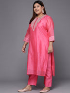 Sztori Plus Size Ethnic Yoke Design Regular Chanderi Silk Kurta & Trousers With Dupatta - Distacart