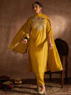 Indo Era Yellow Paisley Embroidered Regular Straight Kurta With Trousers & Dupatta - Distacart