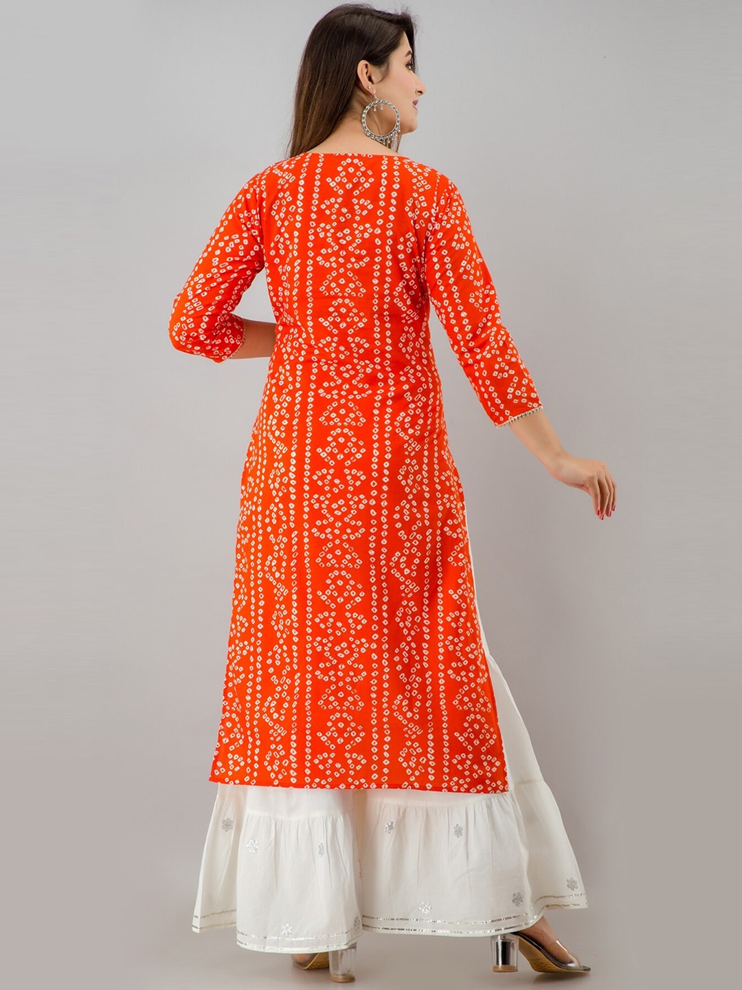 HERE&NOW Orange Tie Up Neck Bandhani Printed Gotta Patti Kurta