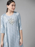 Yufta Women Blue & White Floral Printed Ethnic A-Line Midi Dress with Jacket