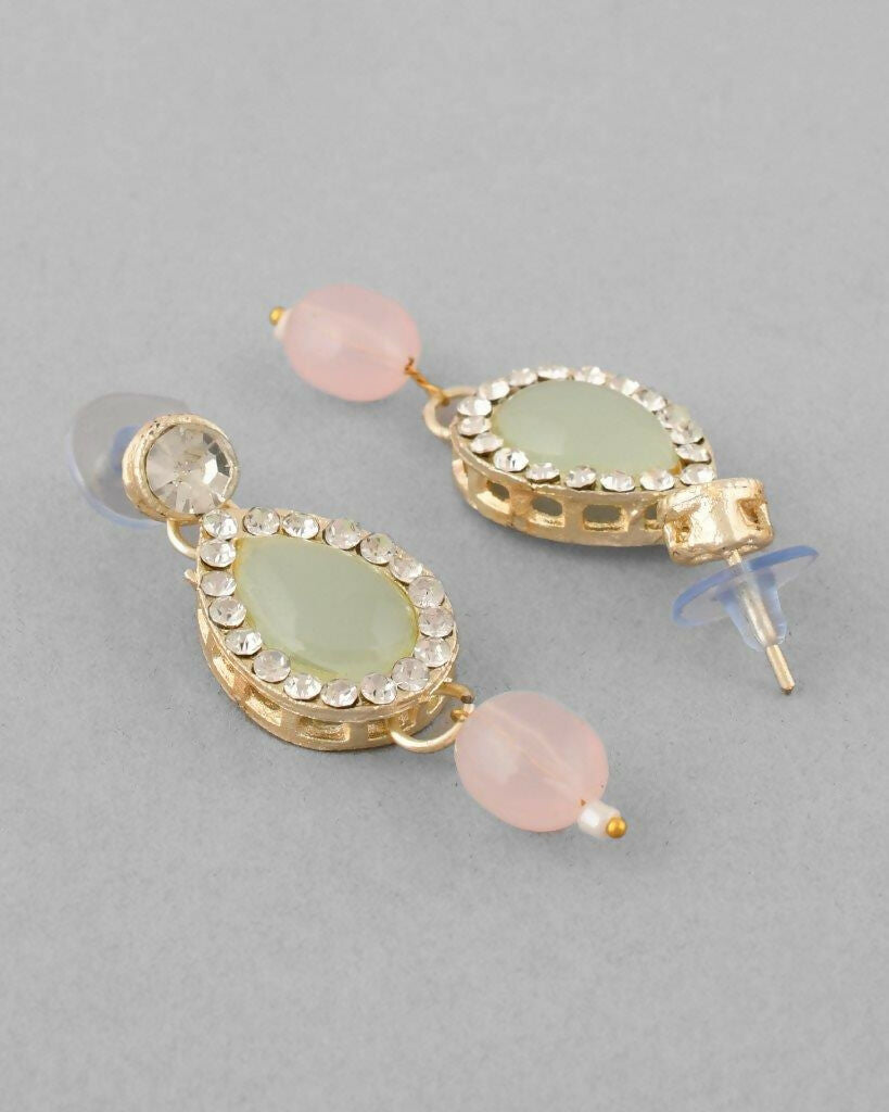 VOJ Gold-Polished Nude Pink And Mint Green Stone Studded Jewellery Set With Maang Tikka