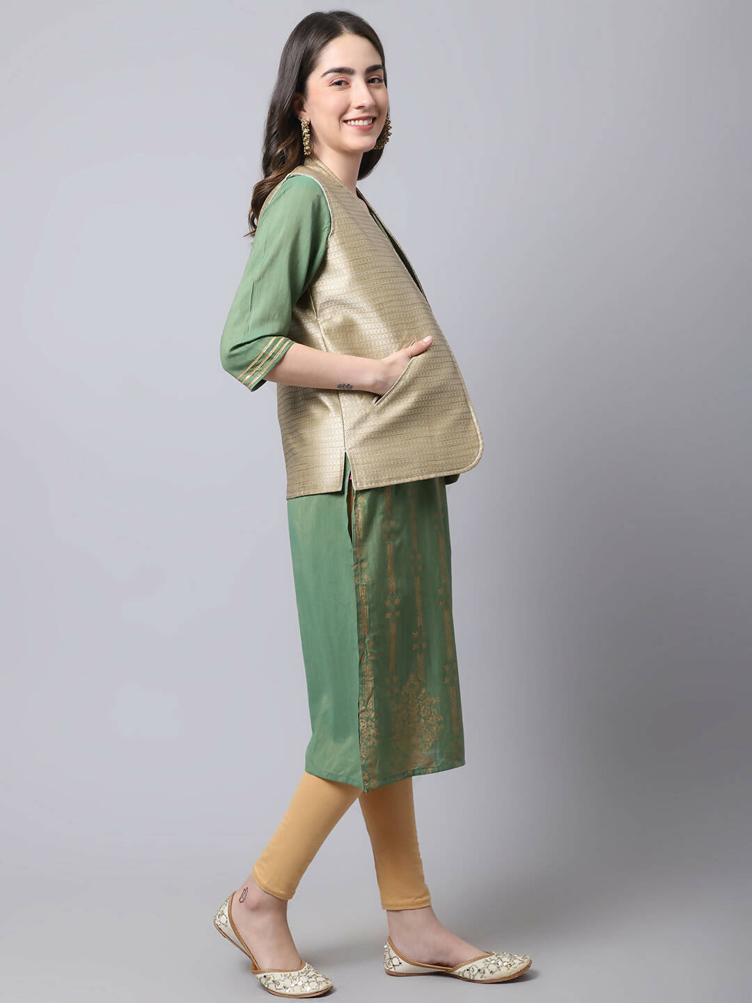 Even Apparels Beige Bansari Silk Open Front Gillet - Distacart