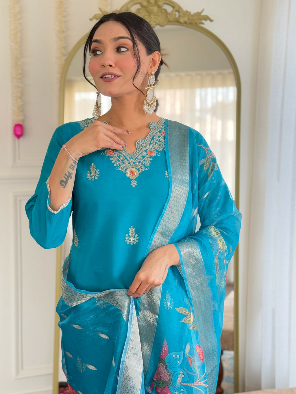 The52 Blue Women's Gorgeous Viscose Fabric Embroidered Work Straight Kurta, Pant and Dupatta Set - Distacart