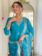 The52 Blue Women's Gorgeous Viscose Fabric Embroidered Work Straight Kurta, Pant and Dupatta Set - Distacart
