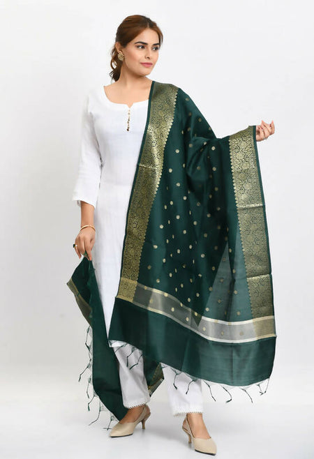 Mominos Fashion Moeza Women's Banarsi Silk Woven Design Bottle Green Dupatta