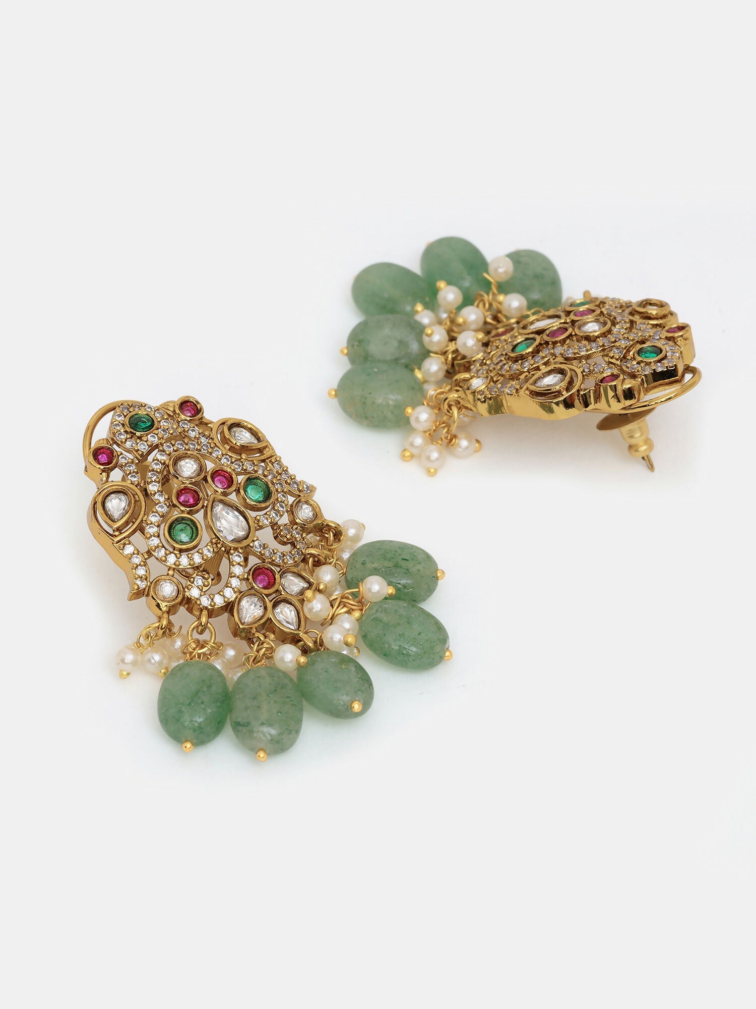 Ruby Raang 22k Gold Polished Long Kundan Heavy Maharani Necklace With Earrings