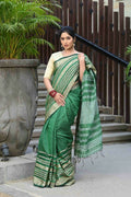 Beatitude Green Cotton Stripes Border Handloom Saree