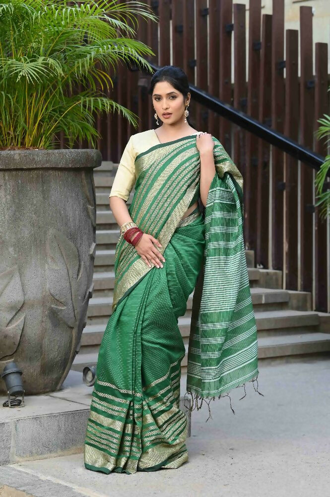Beatitude Green Cotton Stripes Border Handloom Saree