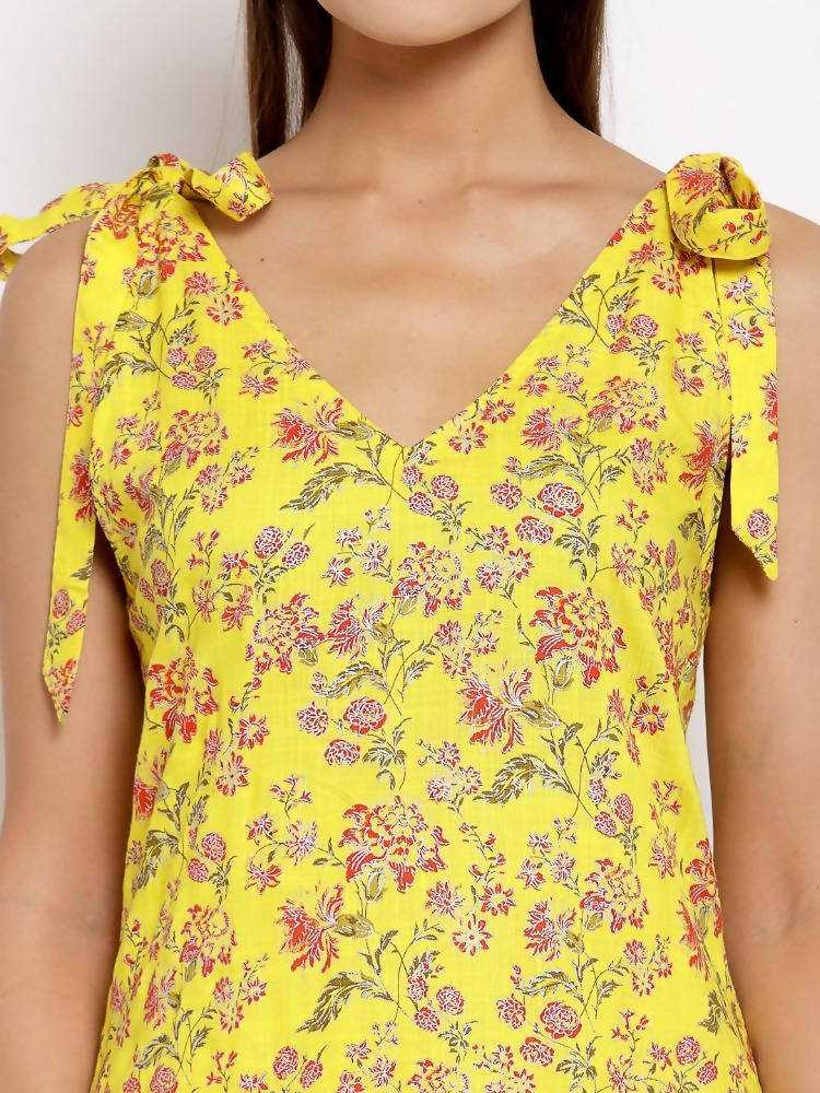 Myshka Women's Yellow Cotton Printed Sleeveless V Neck Casual Dress