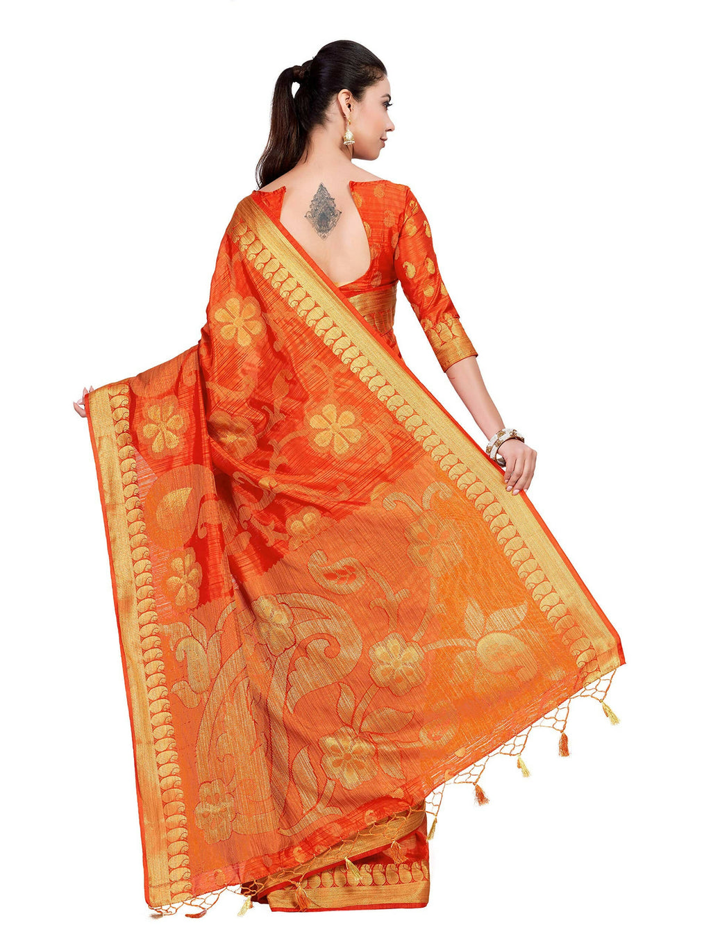 Mimosa Women's Kanchipuram Art Silk Orange Saree - Distacart