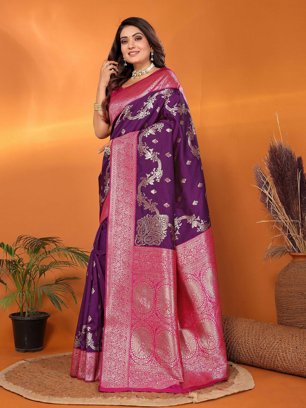 Joban Fashion Banarasi Plum Woven Soft Silk Saree - Distacart