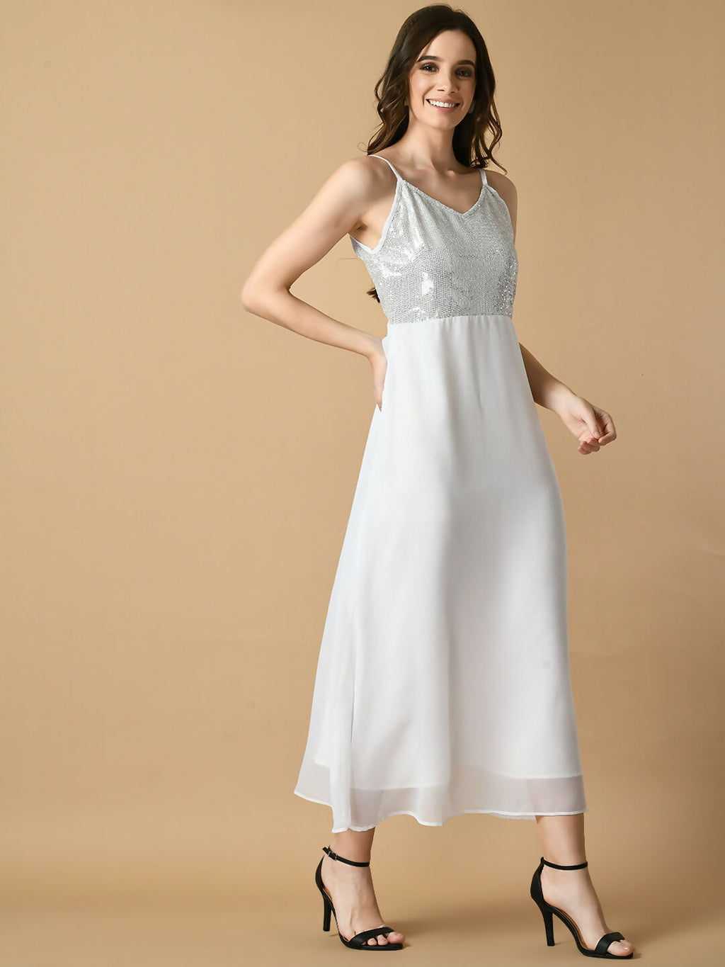 Myshka Women's White Solid Georgette Party Dress - Distacart