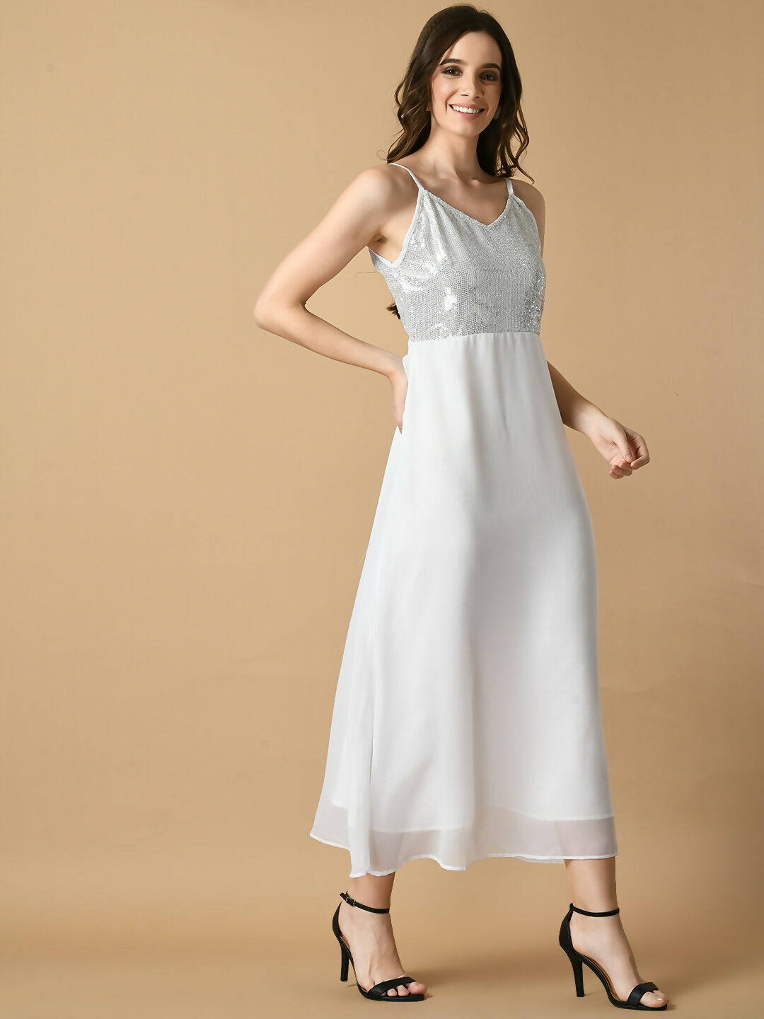 Myshka Women's White Solid Georgette Party Dress - Distacart