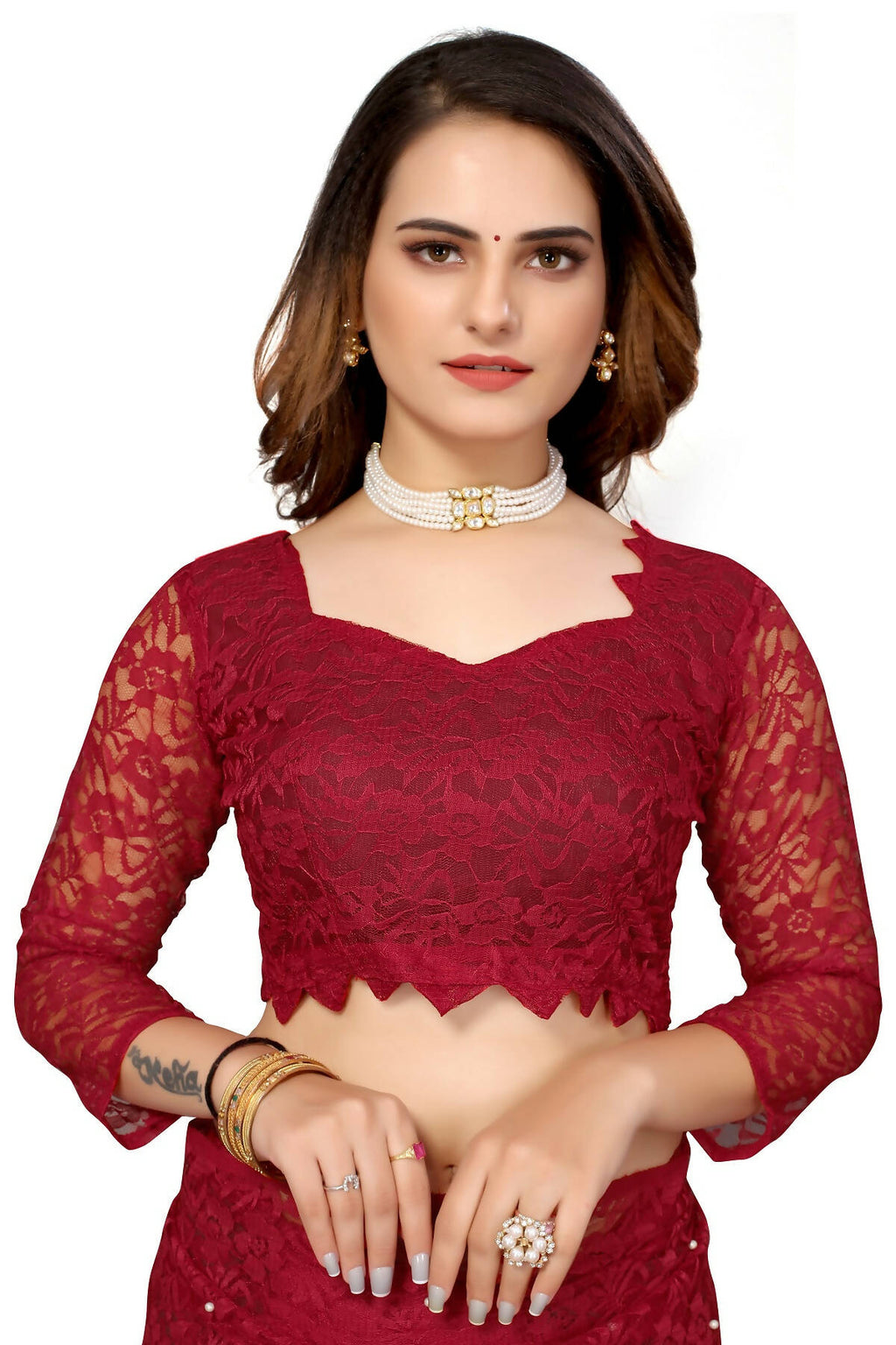 Vamika Maroon Pearls Net Saree - Distacart