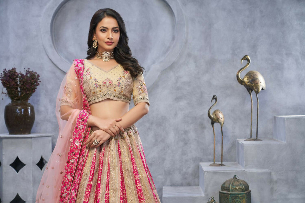 Kesar Fab Chiku Organza Embroidered Lehenga