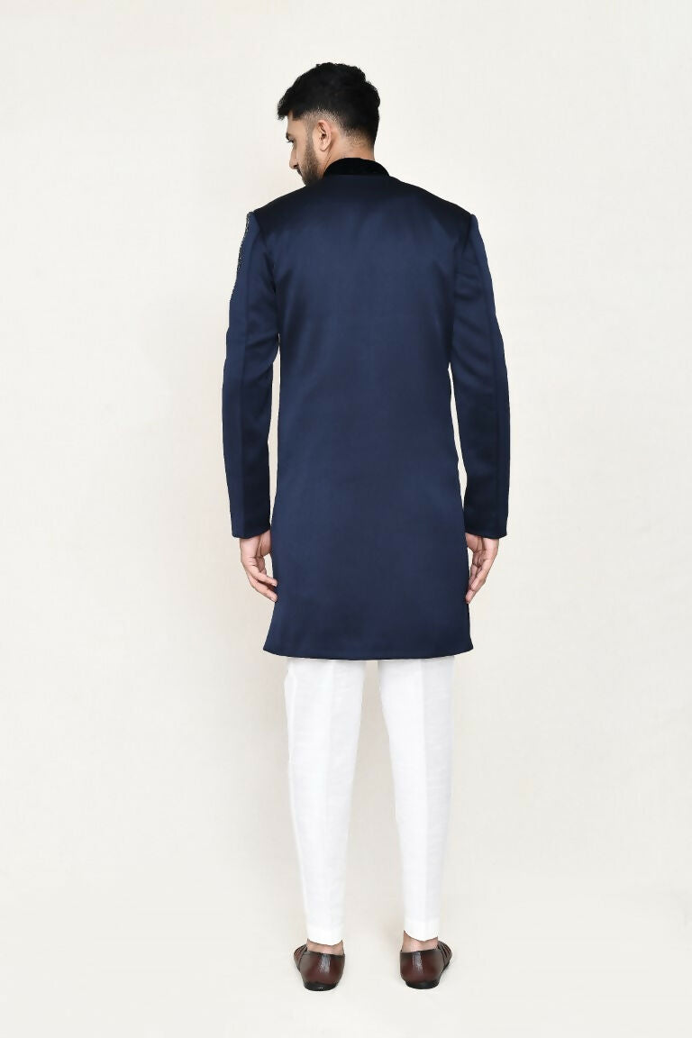 Joban Fashion Blue Colored Velvet Fabric Open Jacket, Indo Western With Straight Fit Pant