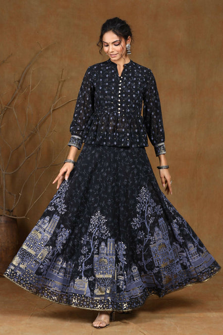 Juniper Women Black Georgette Printed Flared Lehenga Choli Sets