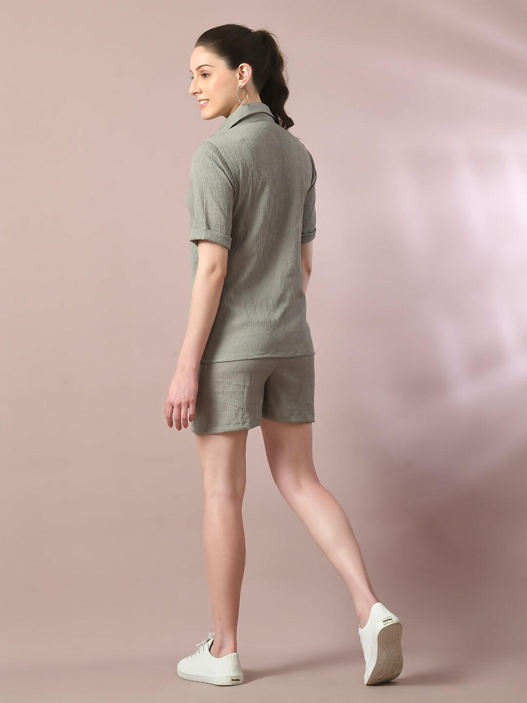 Myshka Women's Grey Solid Shirt Collar Party Shirt With Shorts Co-ord set