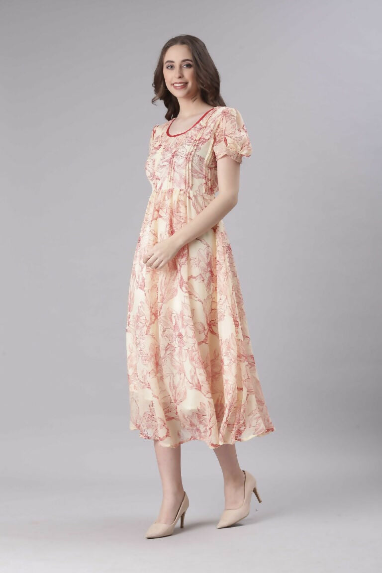 Souchii Cream & Red Floral Printed Fit & Flare Dress